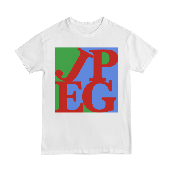 T-shirt design. A twist on the famous 1967 LOVE art piece by Robert Indiana. Instead the letters JPEG are arranged in a grid. The name of the design is Overpriced JPEG Love in reference to the boom in NFT sales,