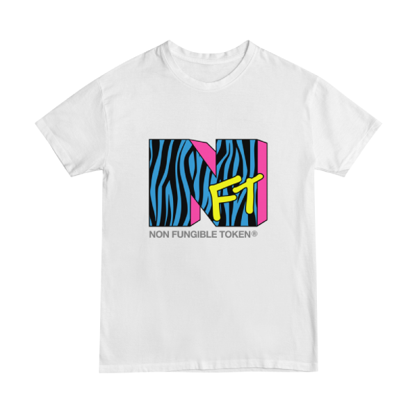 NFT  t-shirt design using the MTV logo. The design edition is "zebra" since it uses the famous stripes. This is more of a punk rock inspired design with bright blue, pink and yellow.
