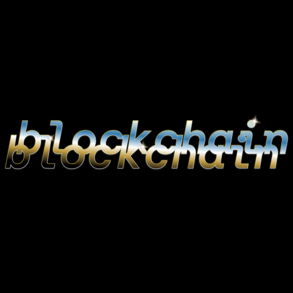 The word blockchain written twice on two rows. The word has a chrome looking effect to make it appear as metallic and the words are placed together as if they are chained.