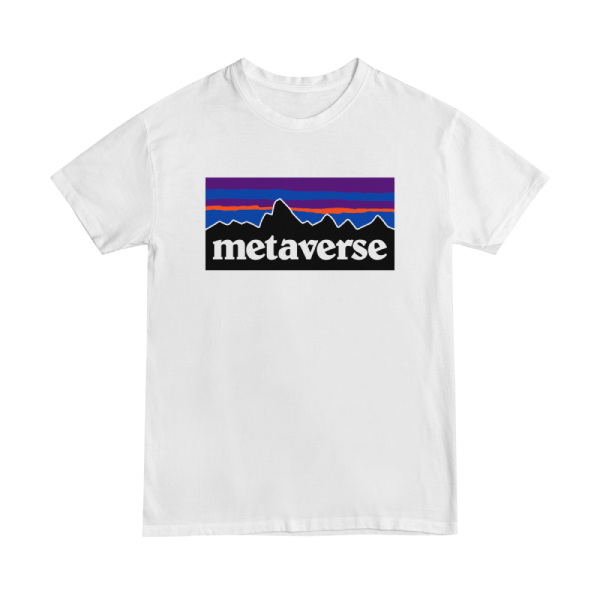 T-shirt design. A twist on the iconic Patagonia logo. This instead reads Metaverse in the similar typeface and color palette.