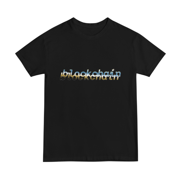 T-shirt design. The word blockchain written twice on two rows. The word has a chrome looking effect to make it appear as metallic and the words are placed together as if they are chained.