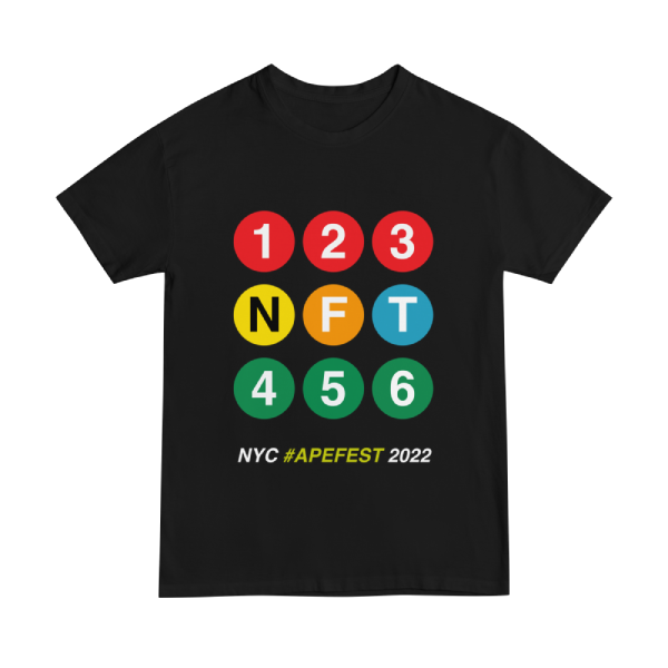 This  t-shirt design is based on the NYC subway signage, with a number or letter in colored circles representing the subway line.  Instead it spells out NFT in commemoration of the event held in NYC in 2022.