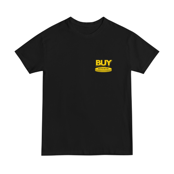 This  t-shirt design shows the word BUY above a coin with the word bitcoin written inside.