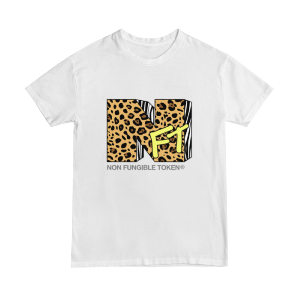 NFT  t-shirt design using the MTV logo. The design edition is "leopard" as it uses the dotted pattern.