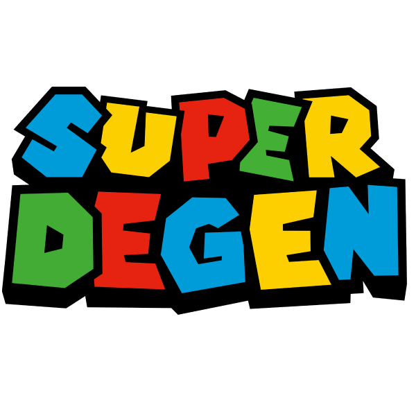 The words super degen stacked on top one another, designed in the style of the iconic Super Mario logo