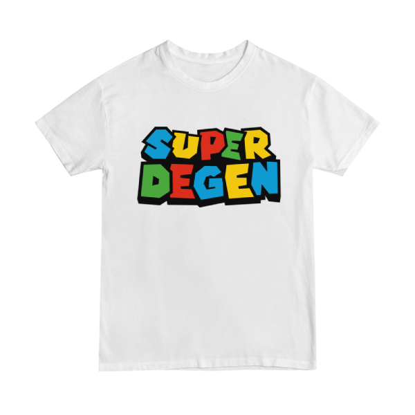 T-shirt design. The words super degen stacked on top one another, designed in the style of the iconic Super Mario logo