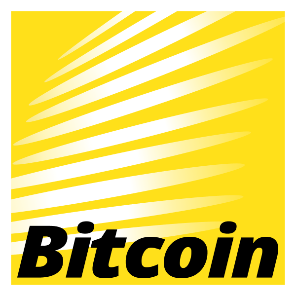 The word bitcoin written in black within a yellow square that has fading white lines similar to the nikon logo.