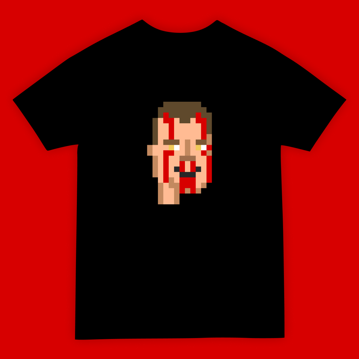 A t-shirt design. A bloody face based on the Doom character, in a pixellated 8-bit style made famous by the NFT crypto punks collection.