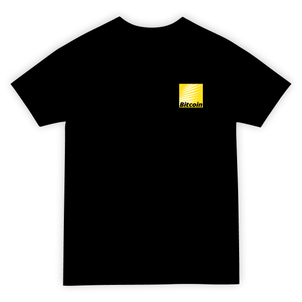 A t-shirt design. The word bitcoin written in black within a yellow square that has fading white lines similar to the nikon logo.