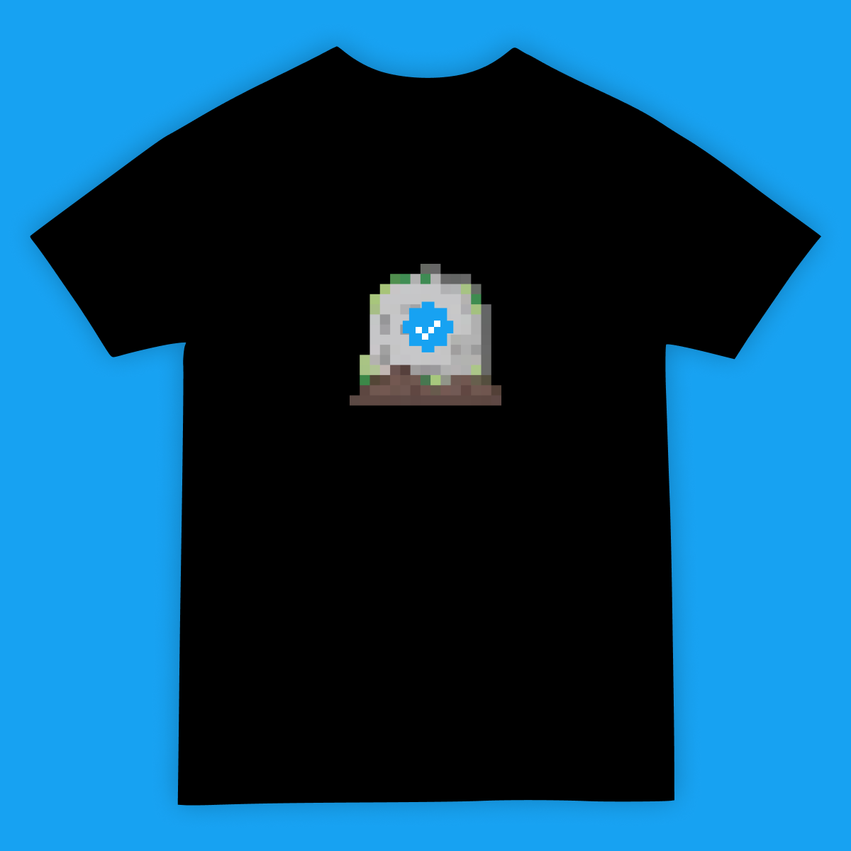 A t-shirt design. A twitter verified badge adorns a grave stone, all designed in an 8-bit pixelated style.